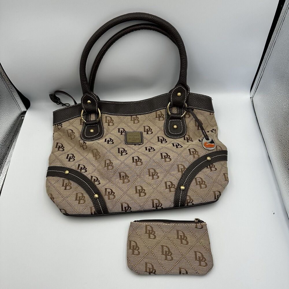 Dooney & Bourke DB Signature Canvas Tote Bag Brown Tan w Coin Pouch Duck Charm